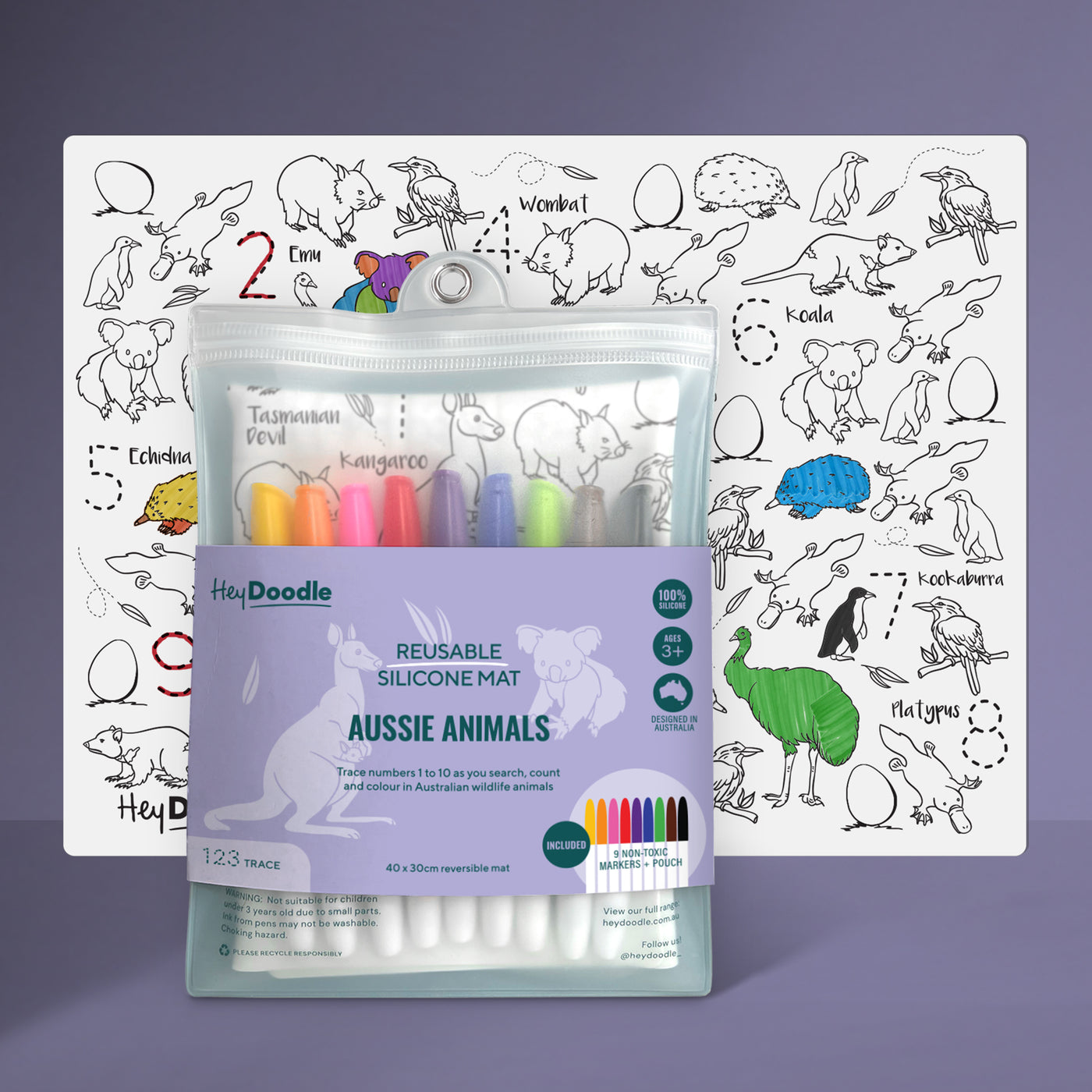 Reusable Silicone Drawing Mat: 123 | Aussie Animals by Hey Doodle - Friends of K