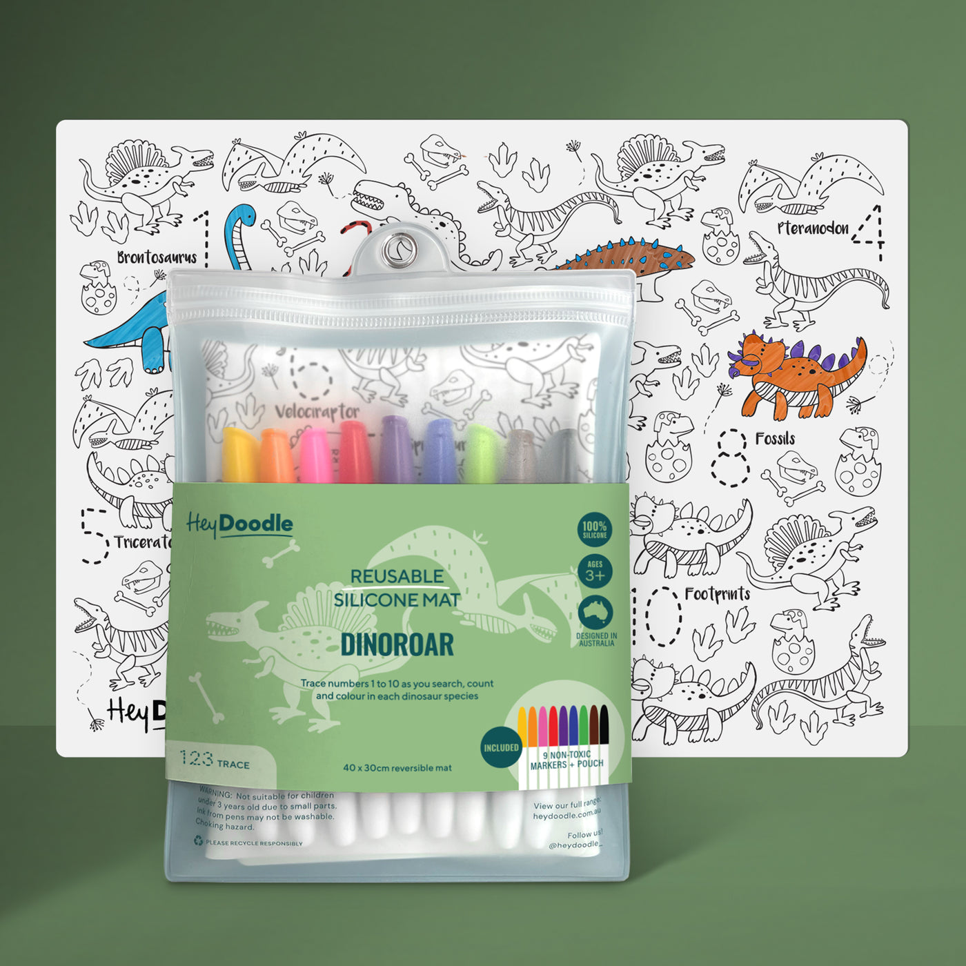 Reusable Silicone Drawing Mat: 123 | Dino Roar by Hey Doodle - Friends of K