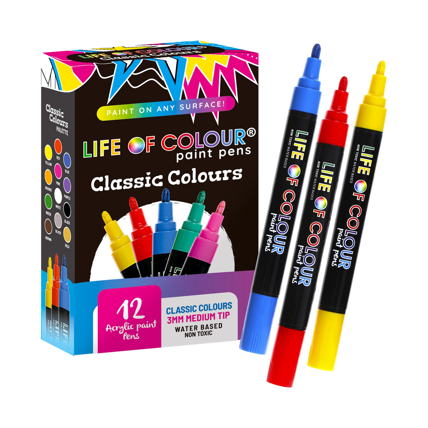 Classic Colours 3mm Medium Tip Acrylic Paint Pens - Set of 12 by Life of Colour - Friends of K