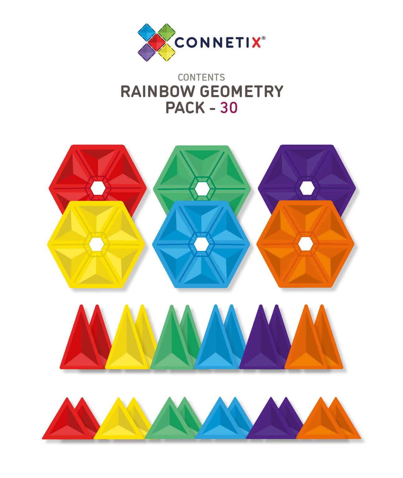 Connetix Rainbow Magnetic Tiles Geometry Pack - 30 Piece