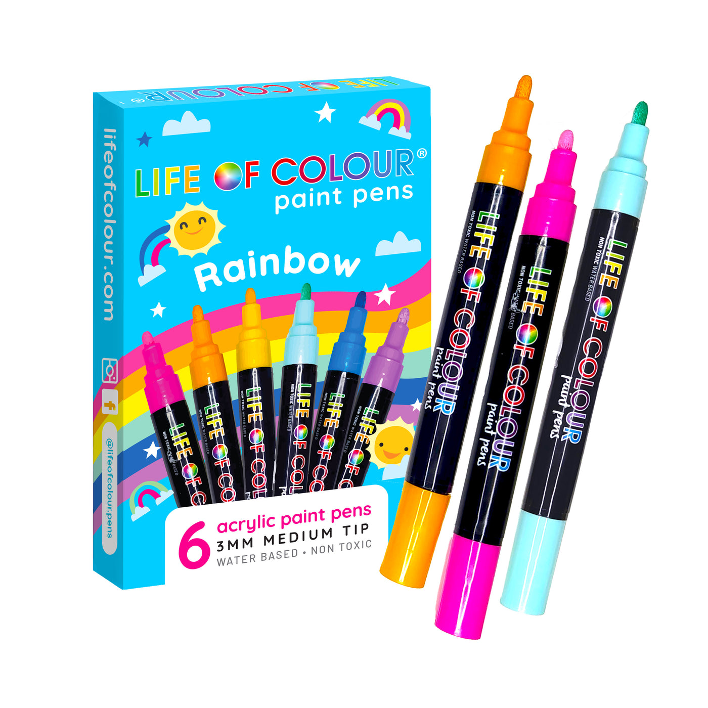 Rainbow Colours 3mm Medium Tip Acrylic Paint Pens – Set of 6 by Life of Colour - Friends of K