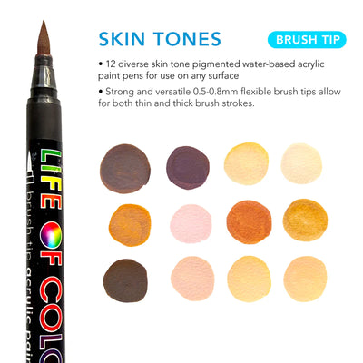 Skin Tone Brush Tip Acrylic Paint Pens - Set of 12 by Life of Colour - Friends of K