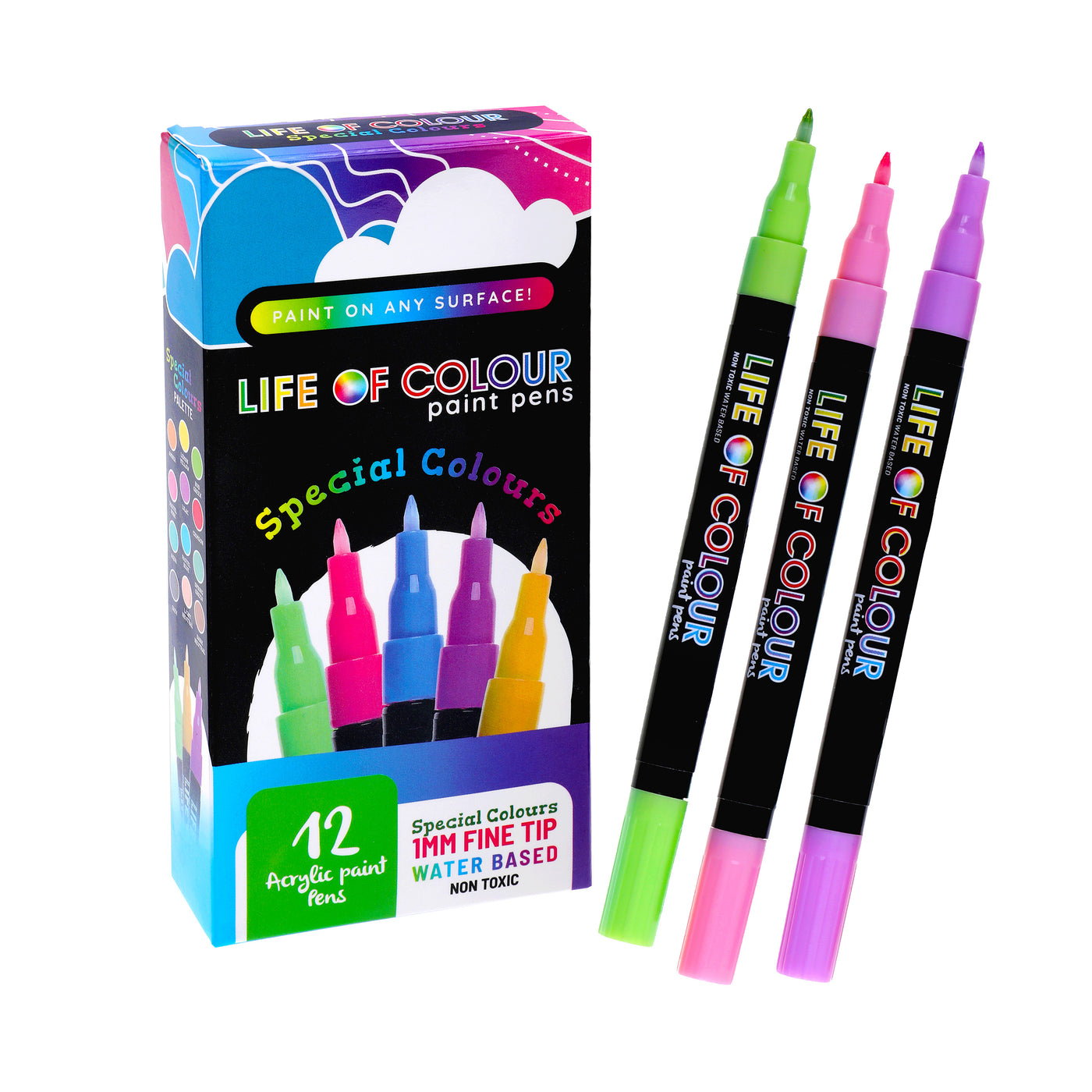 Special Colours 3mm Medium Tip Acrylic Paint Pens - Set of 12 by Life of Colour - Friends of K